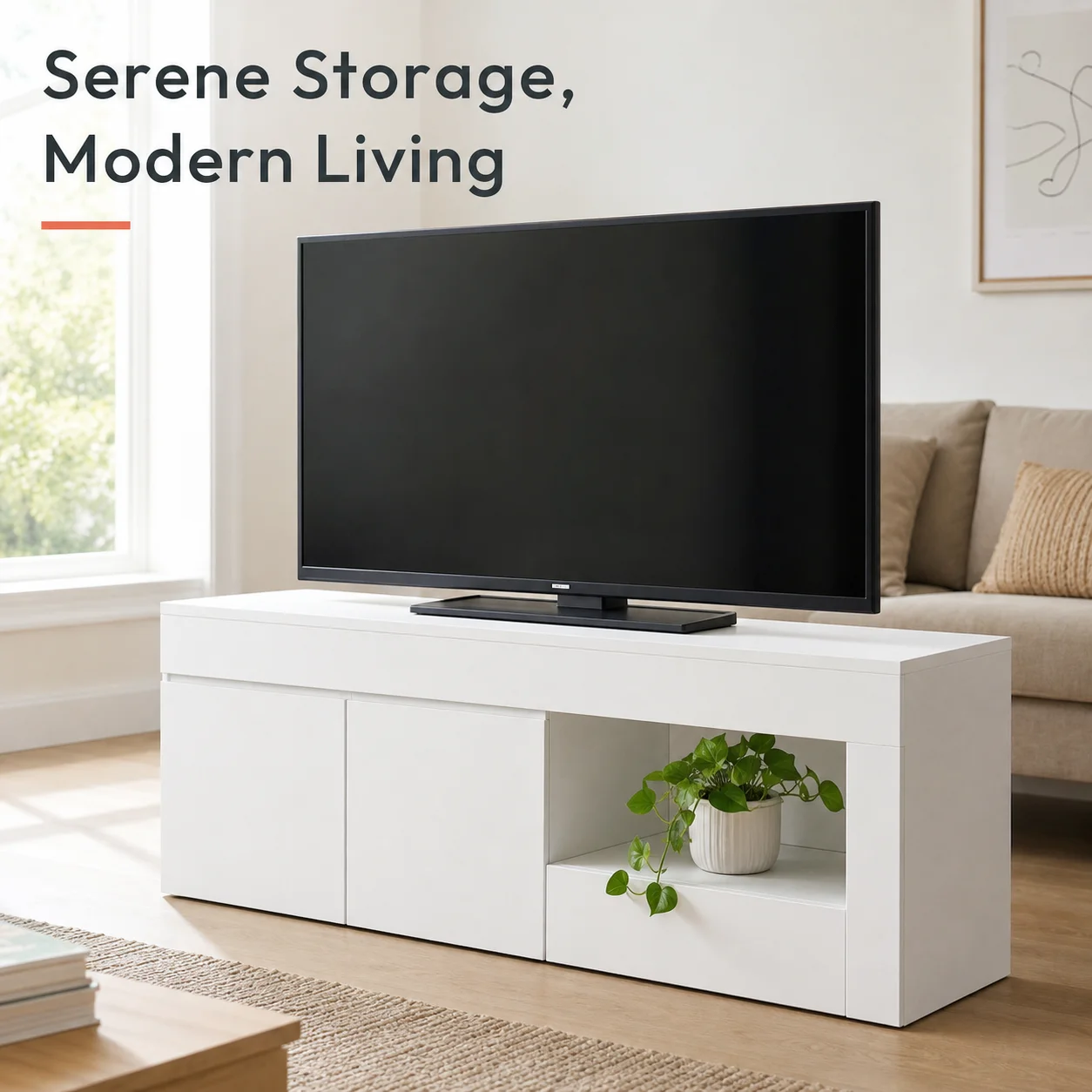TV-Ständer für Fernseher bis zu 60 Zoll, Weißes 2-Türiges Entertainment-Center mit Schrank und Offenem Regal