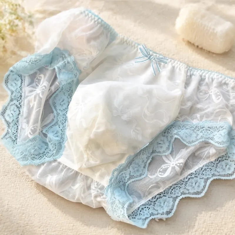 Sexy Lace Trim Mid Waist Underwear Lightweight Semi Transparent Mesh Skin Friendly Breathable Briefs Sissy Soft Party Costumes