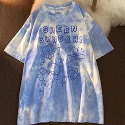 Oversized T-shirt Cartoon Bear Tie Dye Top Summer Short-sleeved O-Neck Vintage Tees Streetwear Women Top Y2k Clothes