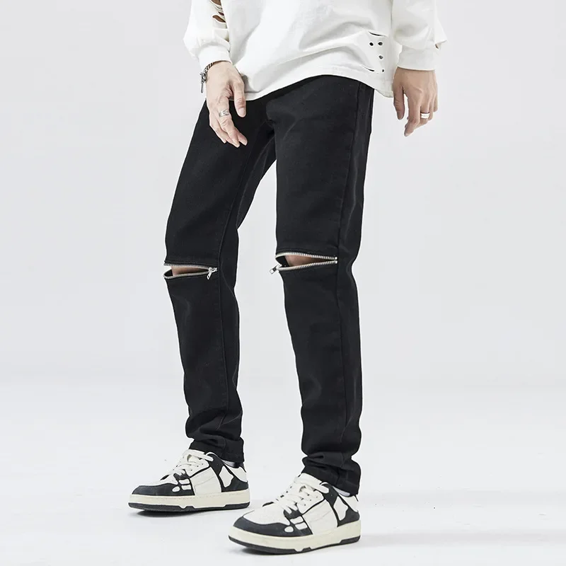 Men Vibe Wind High Street Knee Hole Zipper Jeans Design Sense Niche Fashion Straight Mid-waist Pants