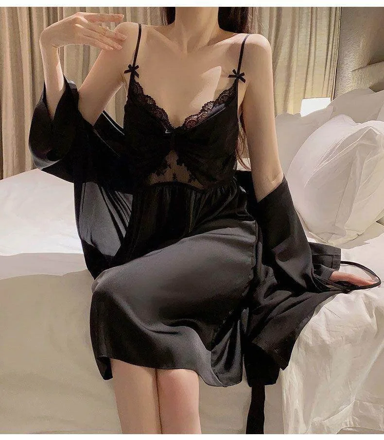 2pcsThin Lace Sexy sweet Home Clothes Live Broadcast Delivery V-neck Sleeveless Casual Women Summer Ice Silk Sleepwear2pcs