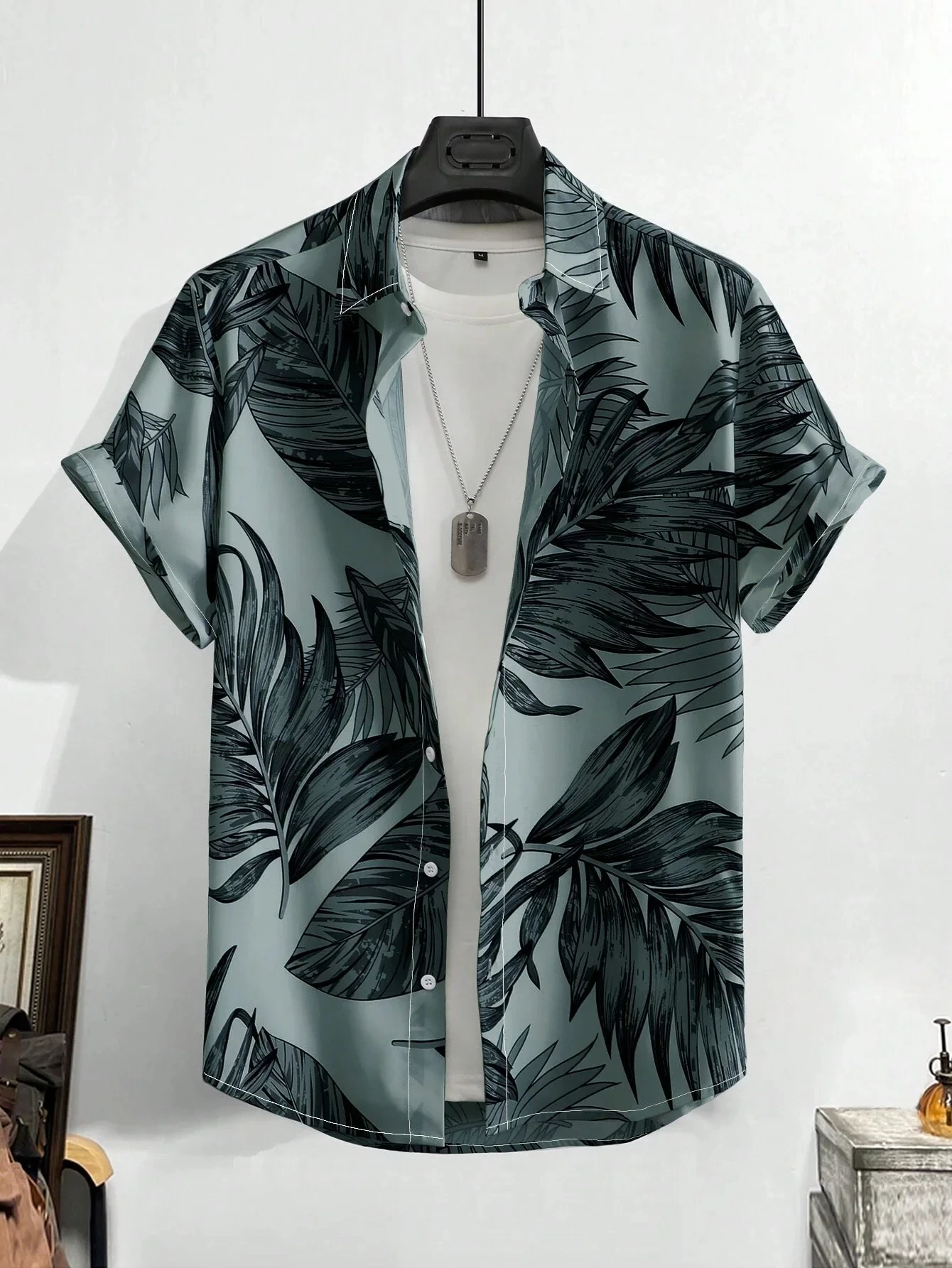 Leaves Tropical Men's Vacation Hawaii 3D Printed Shirt Outdoor Vacation Beach Summer Casual Lapel Short Sleeve Hawaiian Shirt
