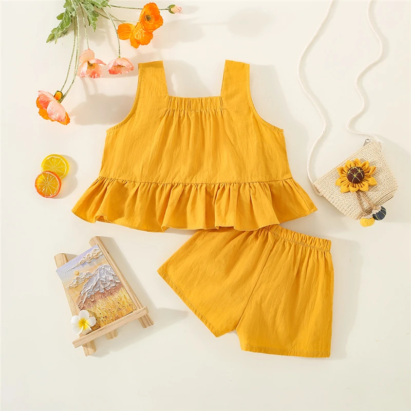 2PC/Set Baby Set Summer Cotton Flower Pattern Suspender Top Shorts Baby Girl Set Solid Color Casual Girl Clothing