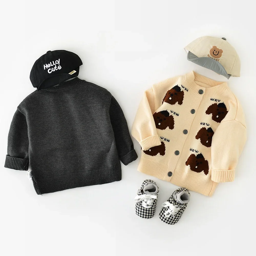 2025 Autumn Newborn Toddler Knit Cardigan Cute Dog Pattern Button-up Baby Sweater 0-3 Y Kids Warm Clothing