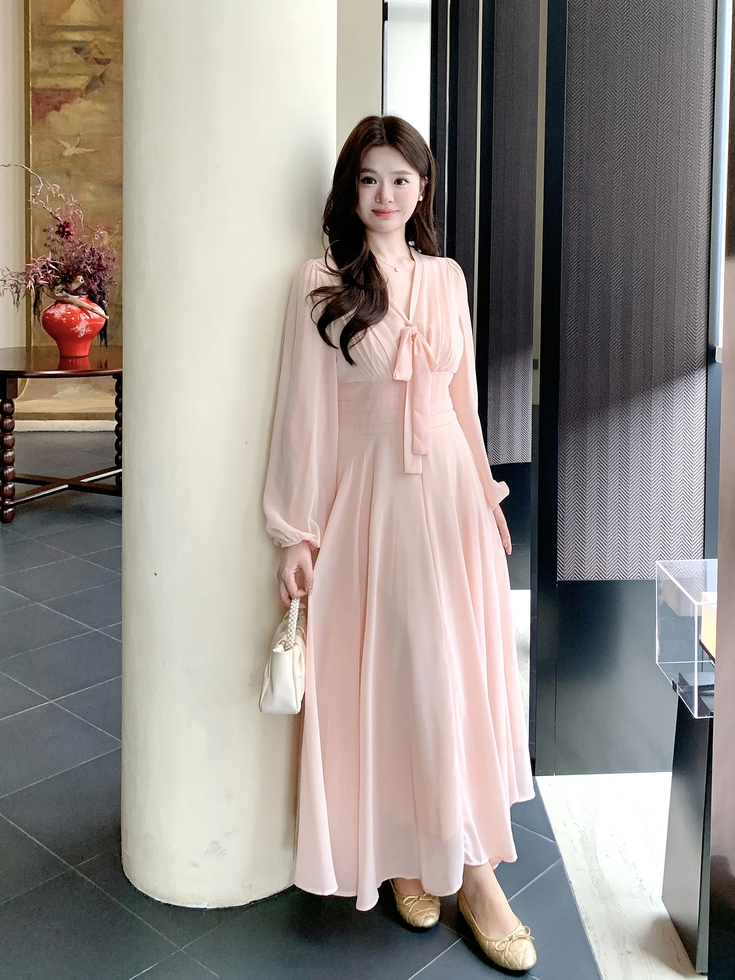 

Розовое шифоновое длинное платье больших размеров с поясом, французский сарафан с высокой талией для женщин весной и летом