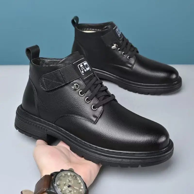 Men's boots 2025 winter men's leather shoes with thick velvet insulation cotton shoes casual shoes men's shoes
