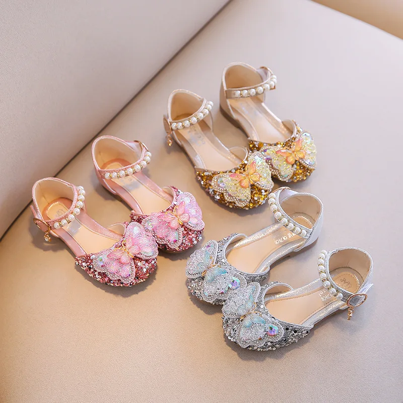 Spring and Summer New Girls' Princess Korean Style Rhinestone Girls' Closed Toe Soft Bottom Leather Shoes