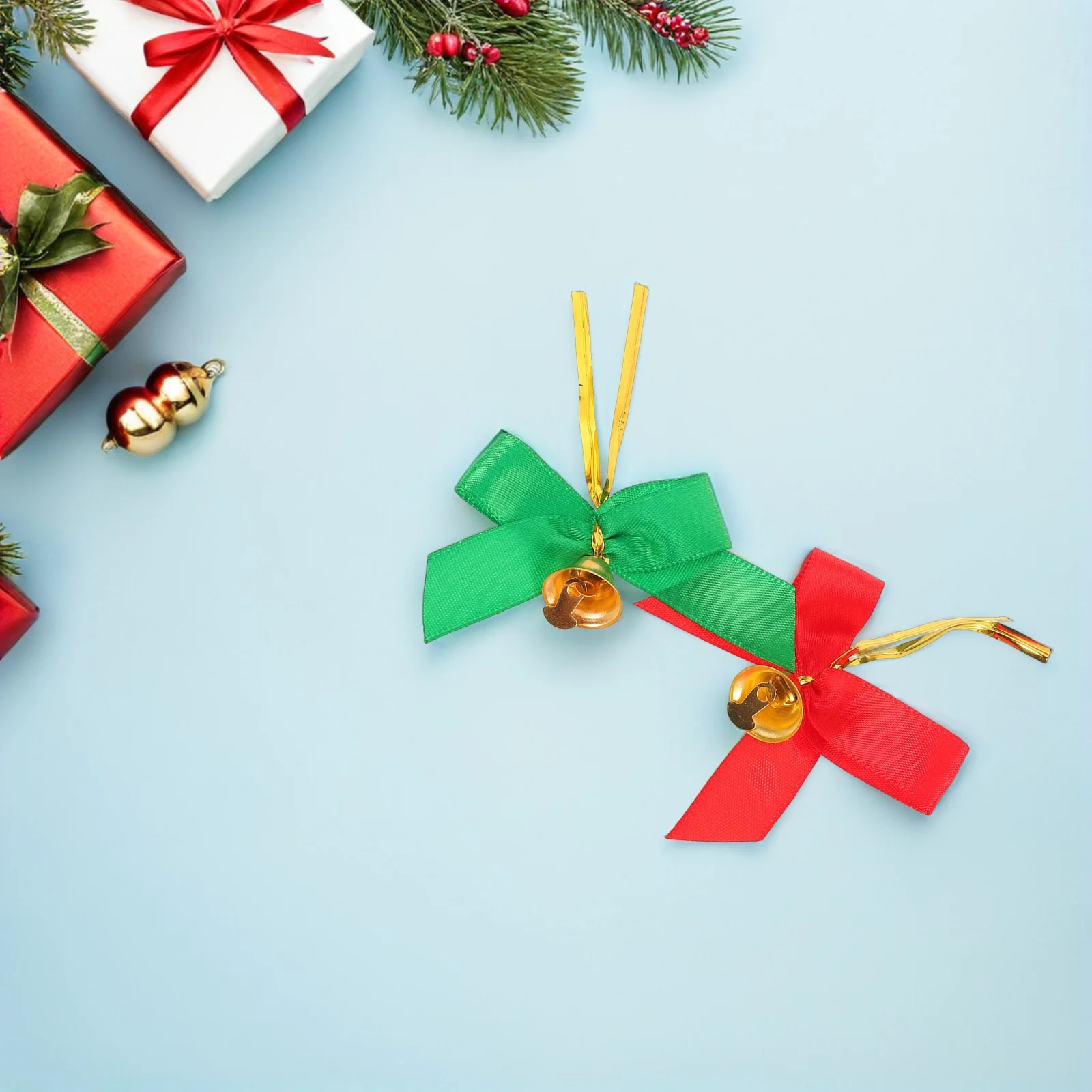 

20Pcs Christmas Hanging Decor Mini Bowknot Ornament Satin Ribbon Bows Bells for Tree Wreath Garland Wedding DIY Craft