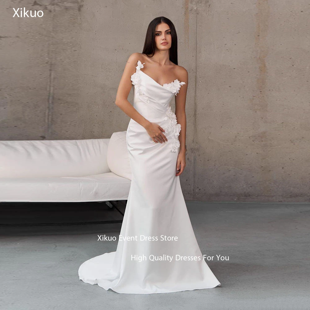 Xikuo Asymmetrical Satin Wedding Dress Ruched Delicate Civil Modern Bridal Gowns Romantic 3D Flowers Vestido Festa Customized
