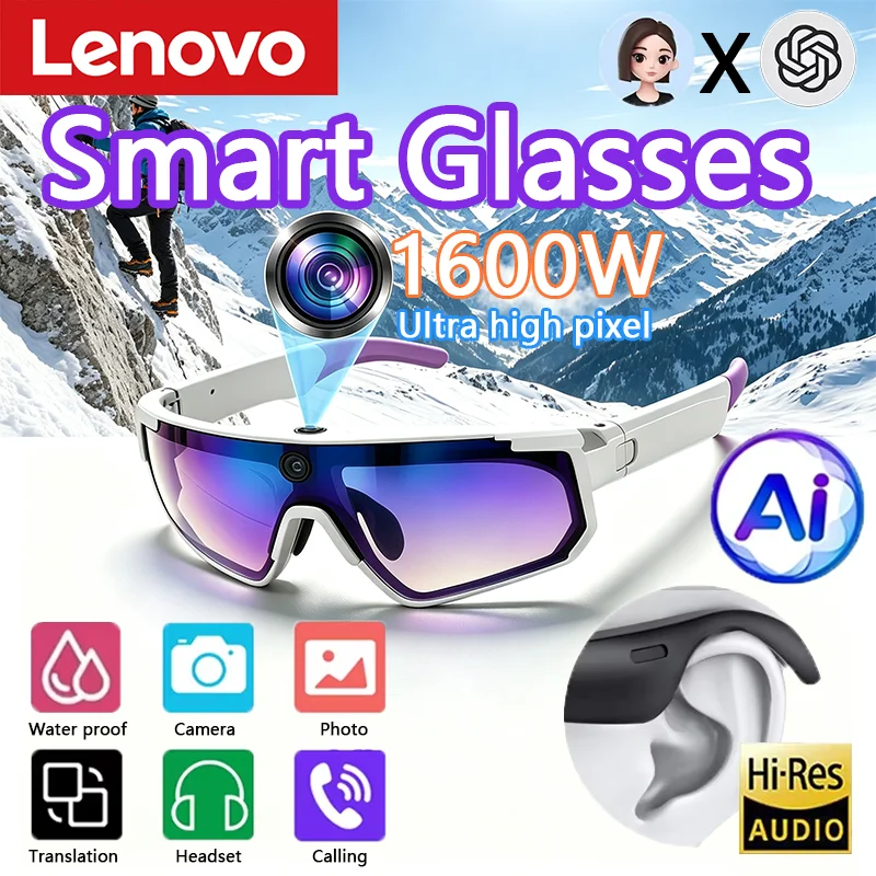 Lenovo AI Smart Glasses 1600W 8K HD Anti-shake Camera Cycling Photo&Video Sport Sunglasses Dual Mic 32GB Windproof Goggles 2026