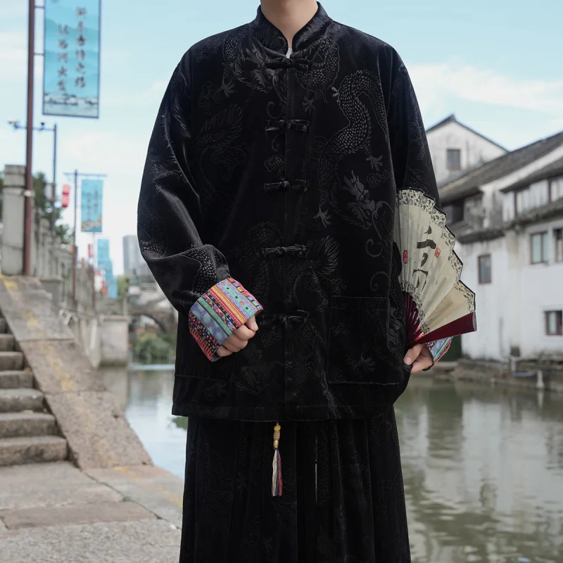 

Loose Fit Silk Velvet Tai Chi Jaet with Dragon Pattern Embroidery Stand Collar Button up Menswear Autumn Winter Outerwear