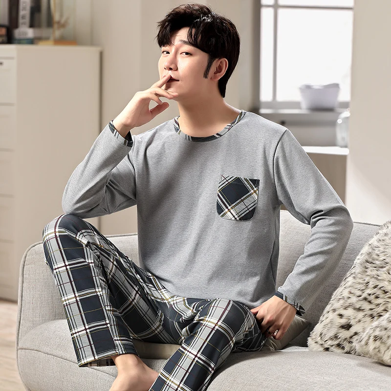 Simple Men Pajamas Sets Autumn Winter Long Sleeves Long Pants Cozy Sleepwear Boys Pyjamas Soft Pijamas Casual Pjs Sleeping Plaid