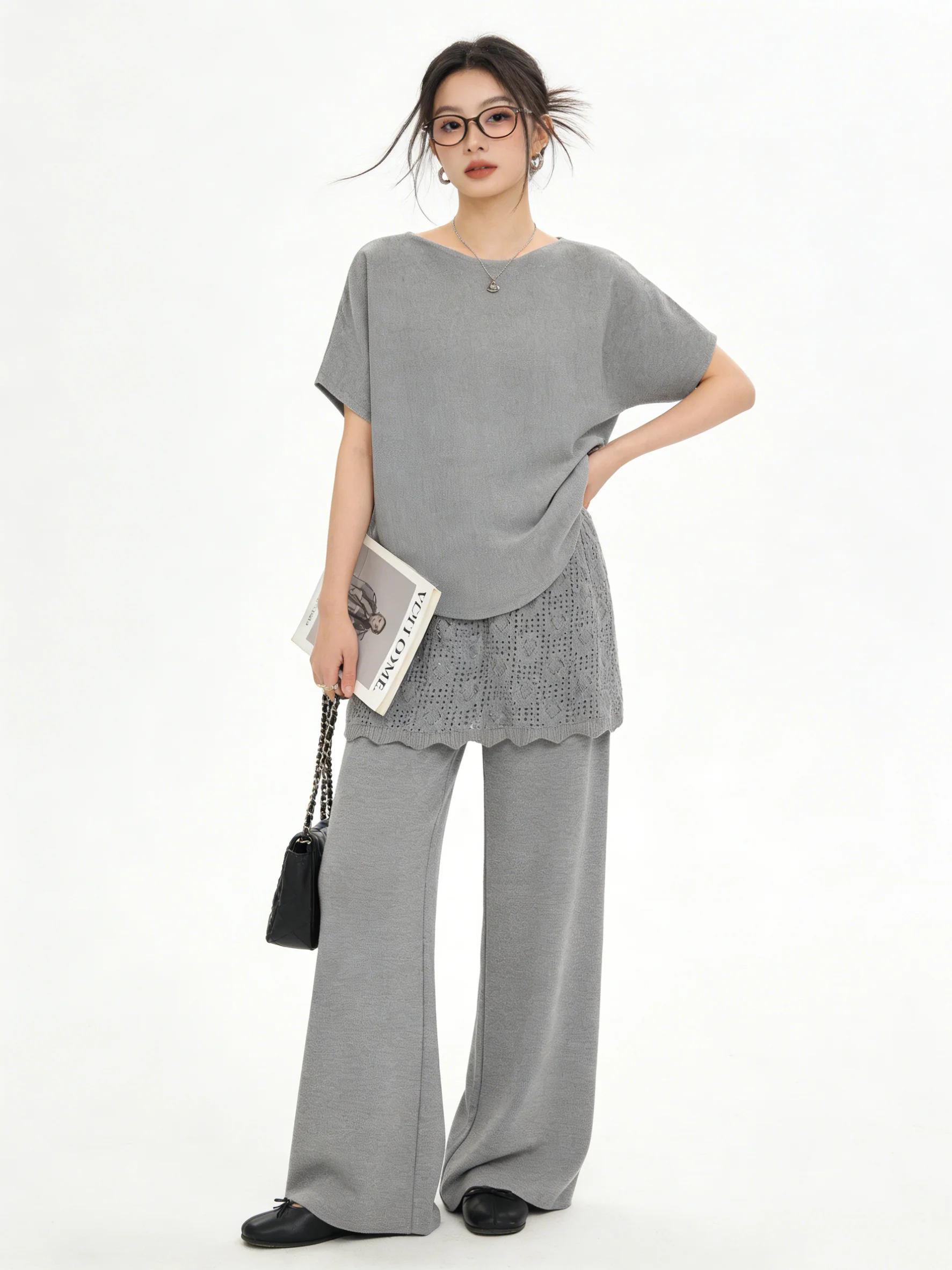 

Soft Knitted round Neck Short Sleeve T-Shirt Set with Wide Leg Pants Korean Style Spring Summer Casual Breathable Women's Ens...