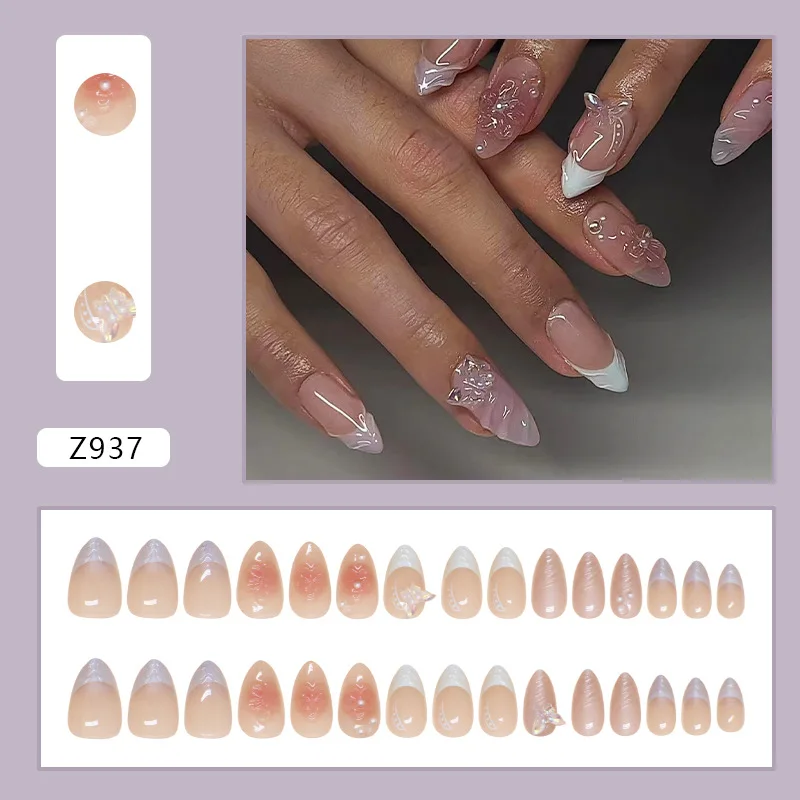 Uñas postizas de mariposa para manicura, uñas postizas con diseño de flores 3D, color rosa claro, color blanco, desmontable, estilo francés, 24 piezas