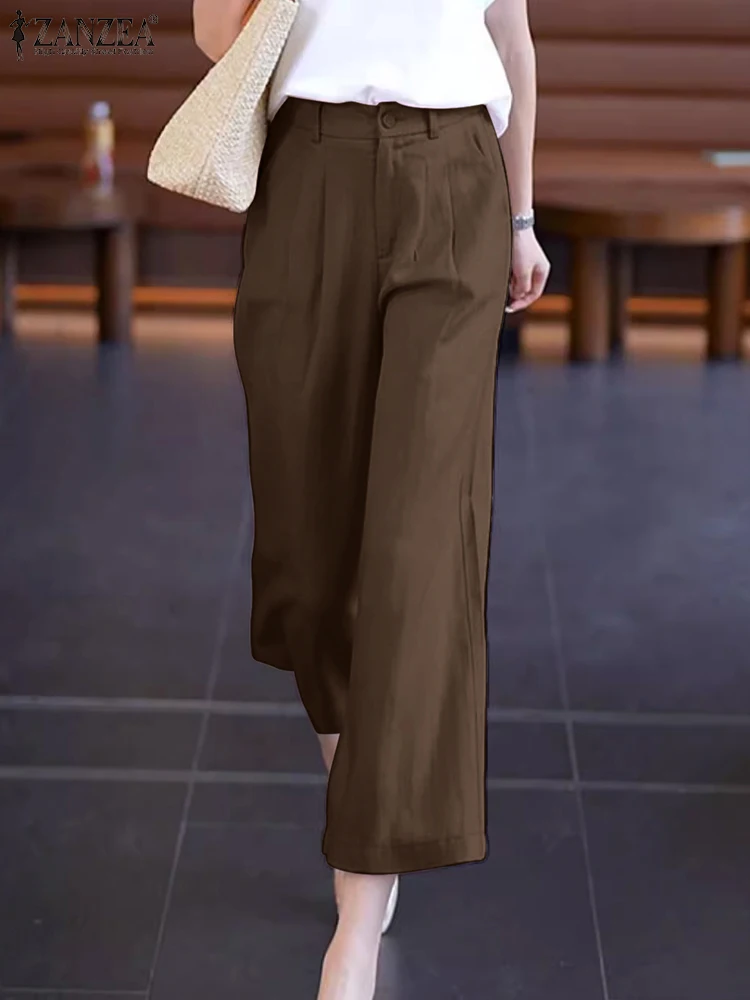 

ZANZEA Solid Office Pocket Work Pantalon Korean Casual Wide Leg Trousers Women Vintage High Waist Long Pants Elagent Loose Pants