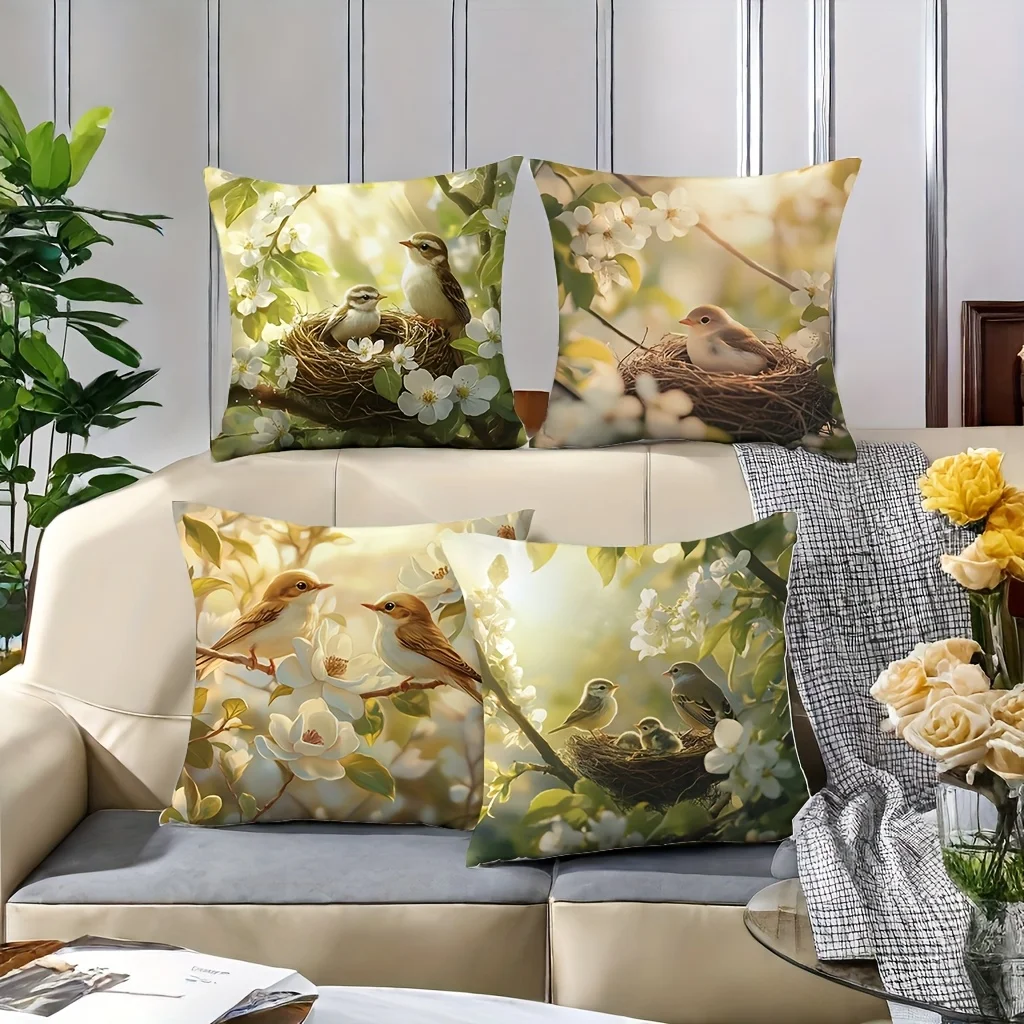 4-Piece Printed Pillowcase Set – Spring Theme with Birds, Branches & Flowers