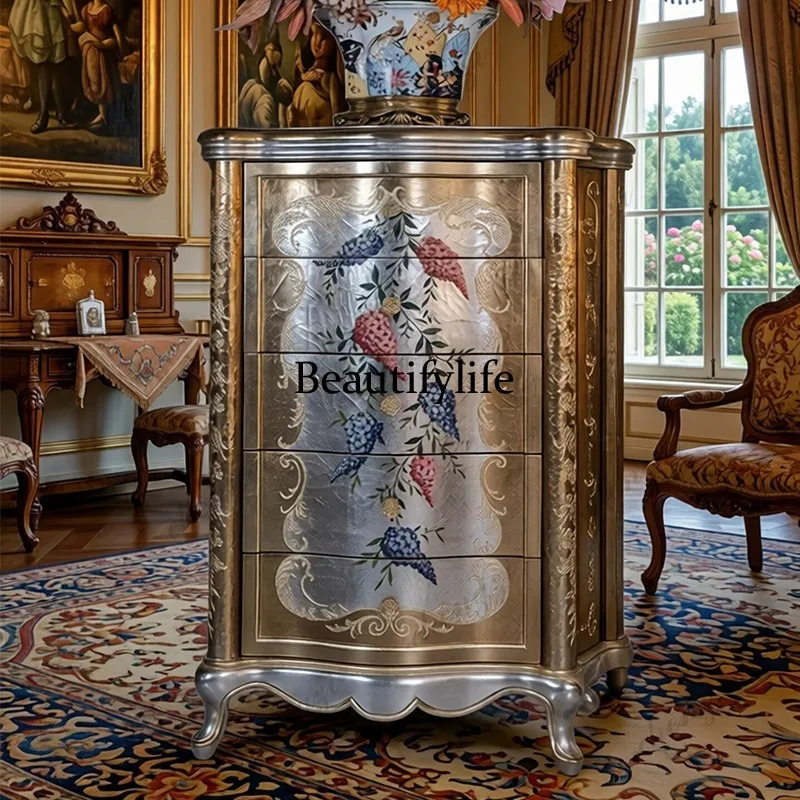 Retro chest of drawers solid wood multi-layer hand-painted gold and silver foil household French decorative locker