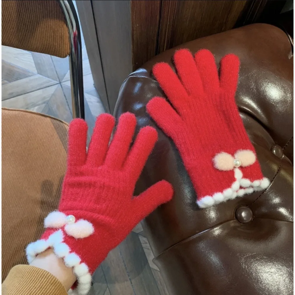 Full Finger Women Winter Warm Gloves Candy Colors Elasticity Touch Screen Knitted Gloves Bow-knot Windproof