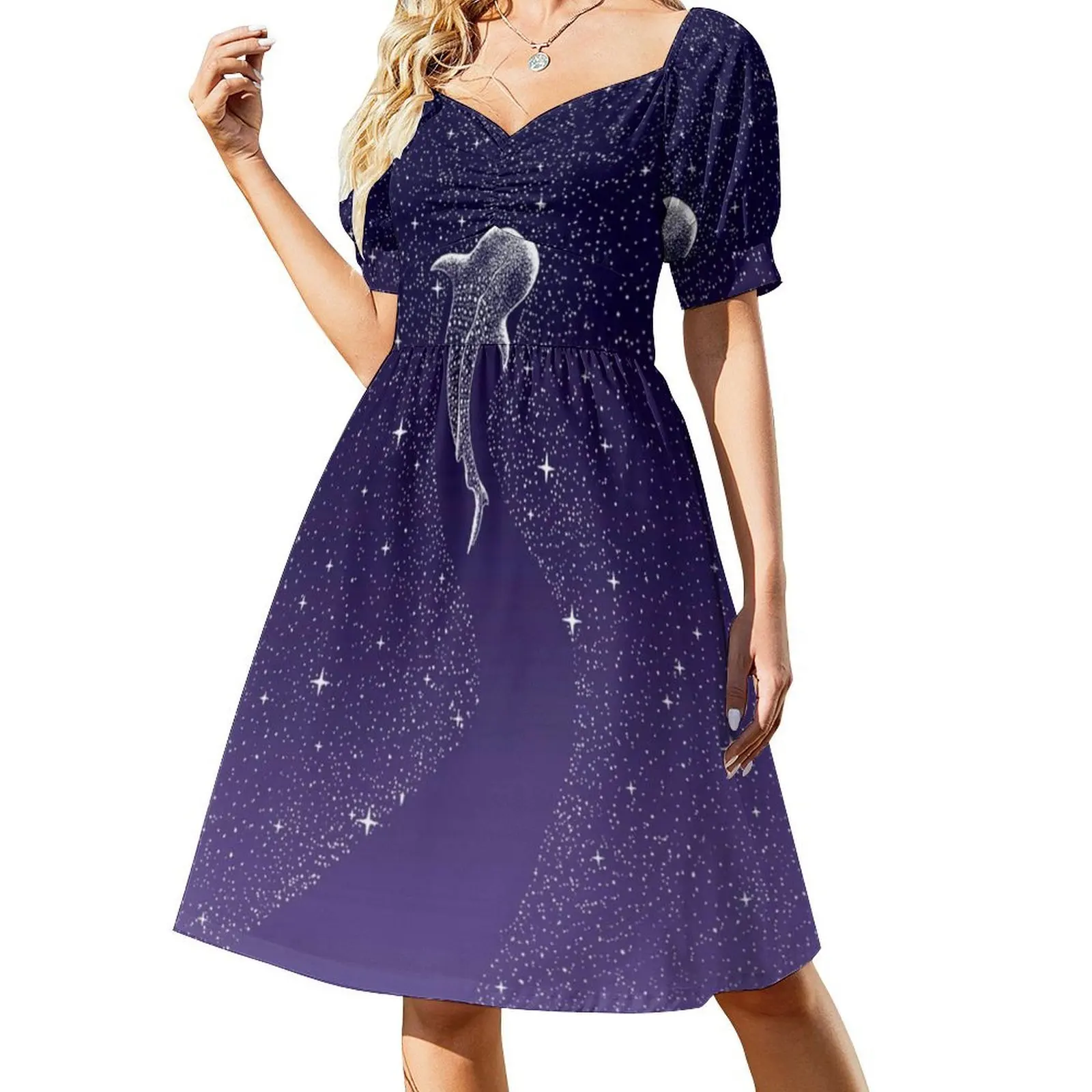 فستان قصير من Star Eater-Space من الأزرق الداكن إلى الأرجواني على طراز Preppy للنساء على شكل حرف a فضفاض مناسب فستان يوم غير رسمي على شكل قرش الحوت #2