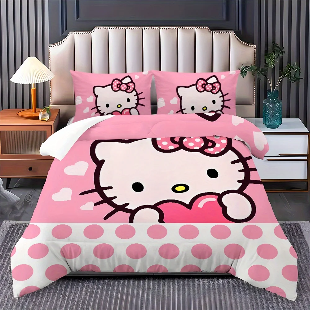 

Hello Kitty Duvet Cover Pink Polka Dots Cartoon Bedding Set Queen King for Holiday Birthday Gifts Bedroom Decoration