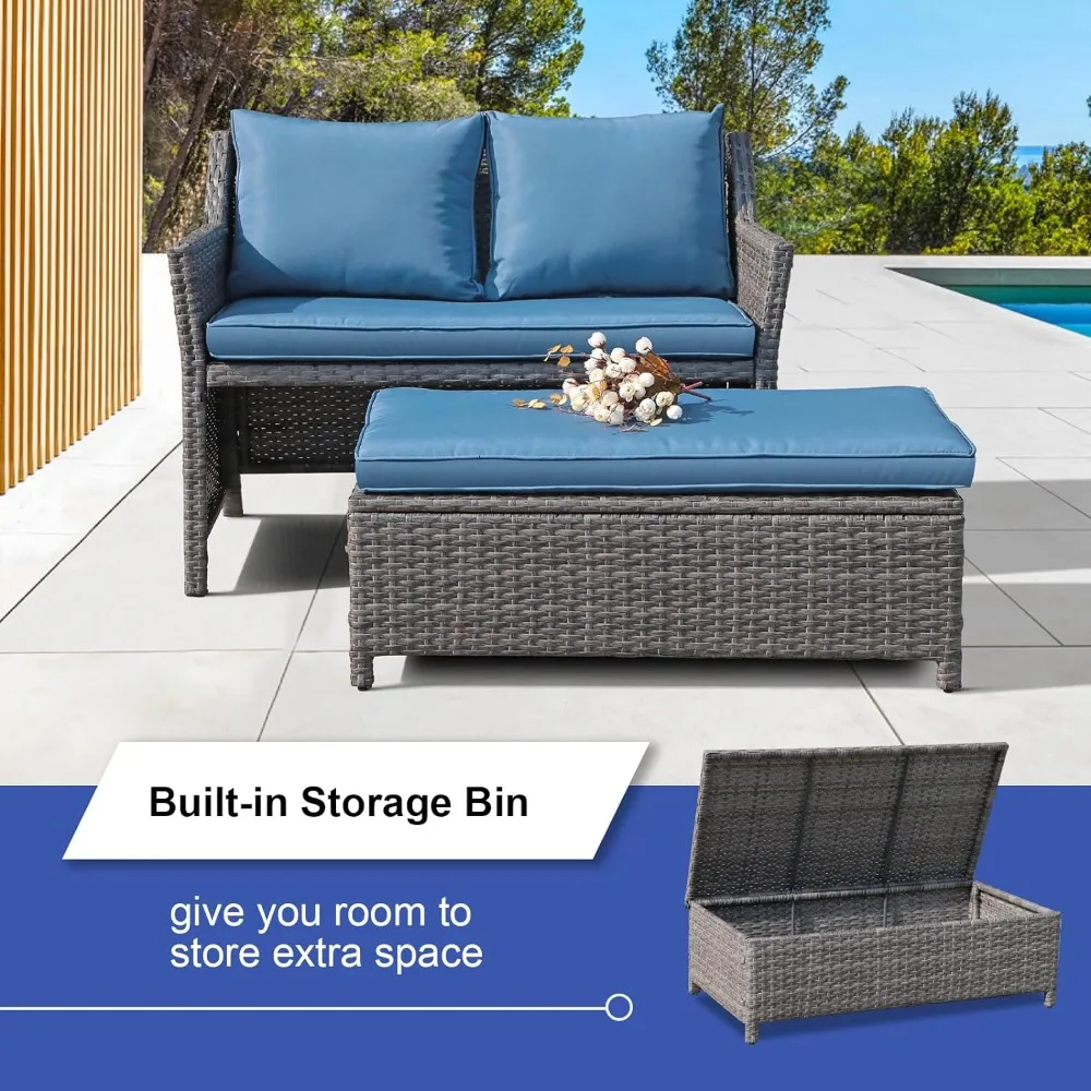 2-Piece Outdoor Patio Furniture, Wicker Love-seat and Coffee Table Set, with Built-in Storage Bin, Patio Furniture Set