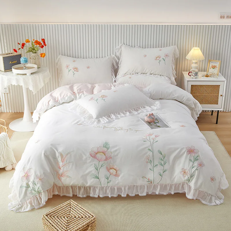 White Princess Lace Embroidery Cotton Bedding Set Duvet Cover Bed Linen Fitted Sheet Pillowcases Home Textiles