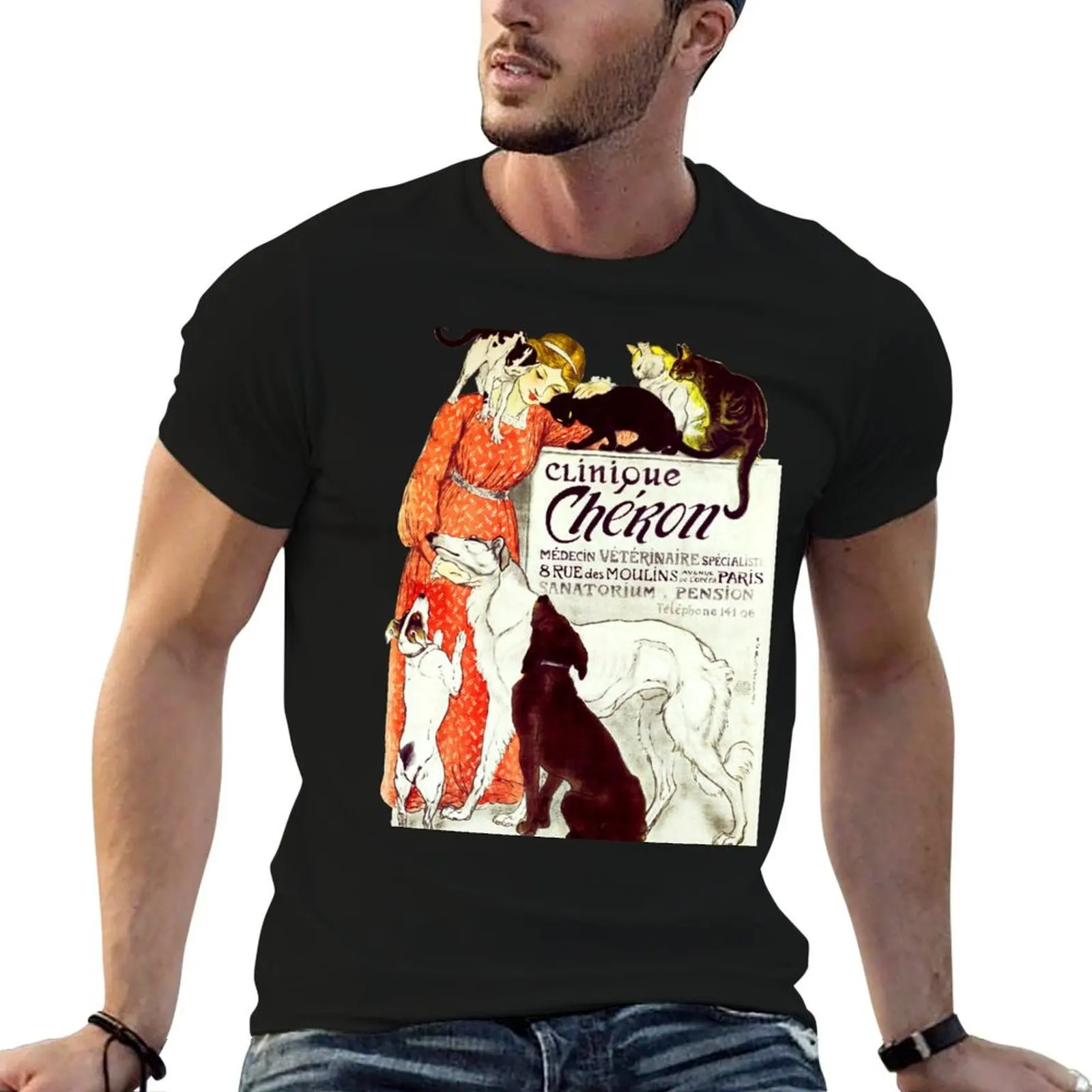 Clinique Cheron Vintage Dog and Cat Steinlen , cat dog veterinary vintage French advertising T-Shirt man t shirt luxury T-Shirt