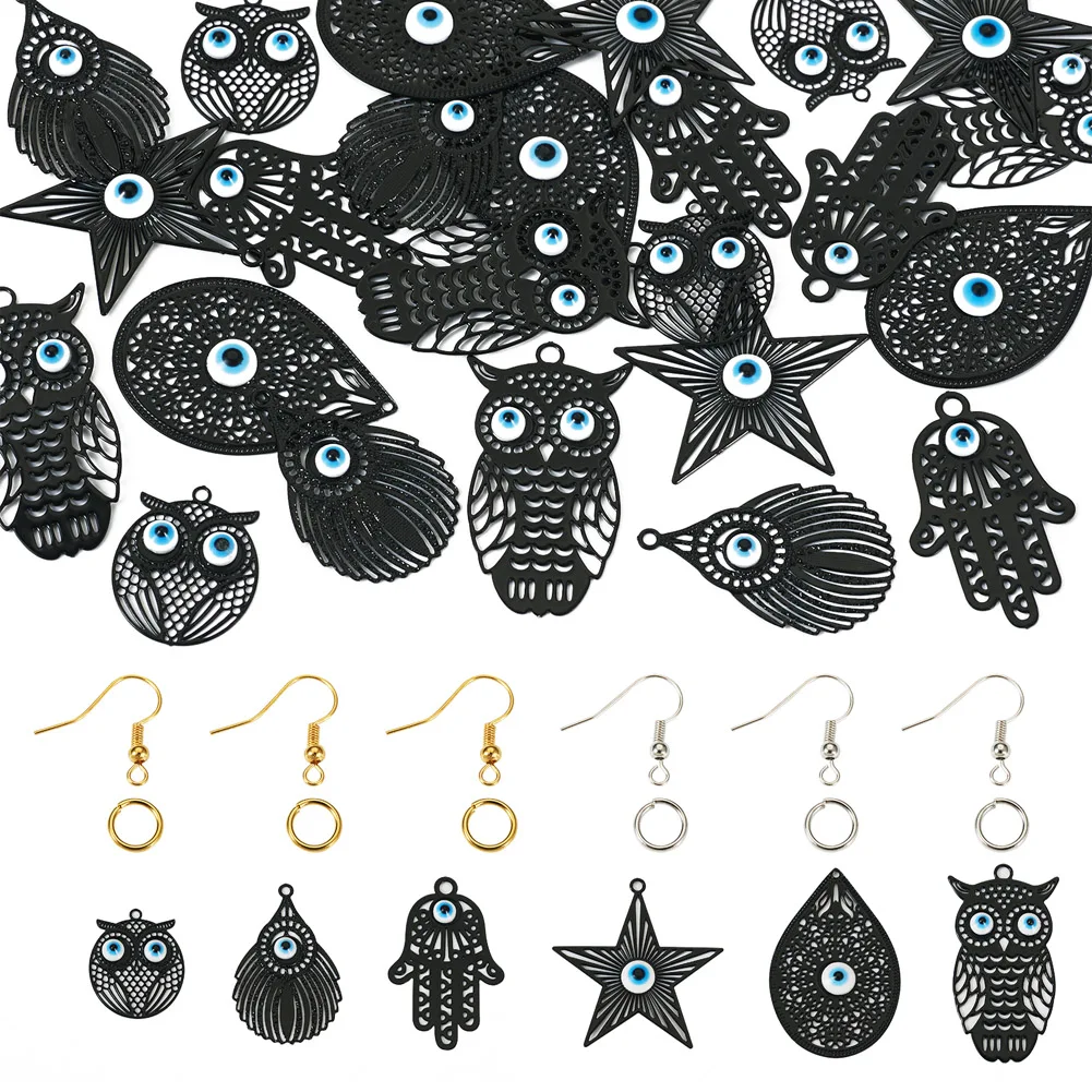 

144Pcs Halloween Evil Eye Stainless Steel Pendants Teardrop Owl Hamsa Hand Filigree Charm for DIY Earring Necklace Making Kits