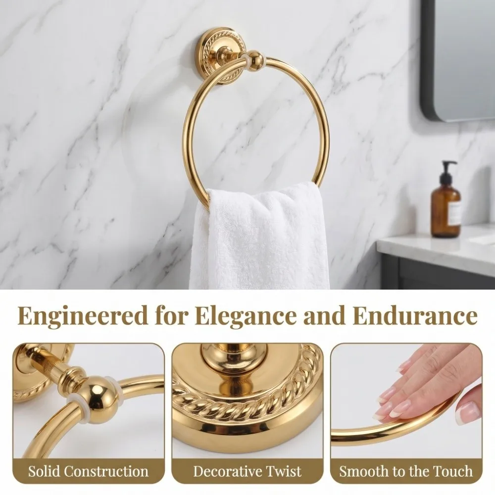Copper Towel Ring Round Glossy Hand Feel Towel Rack Wall Mounted Braiding Carvings Round Towel Holder