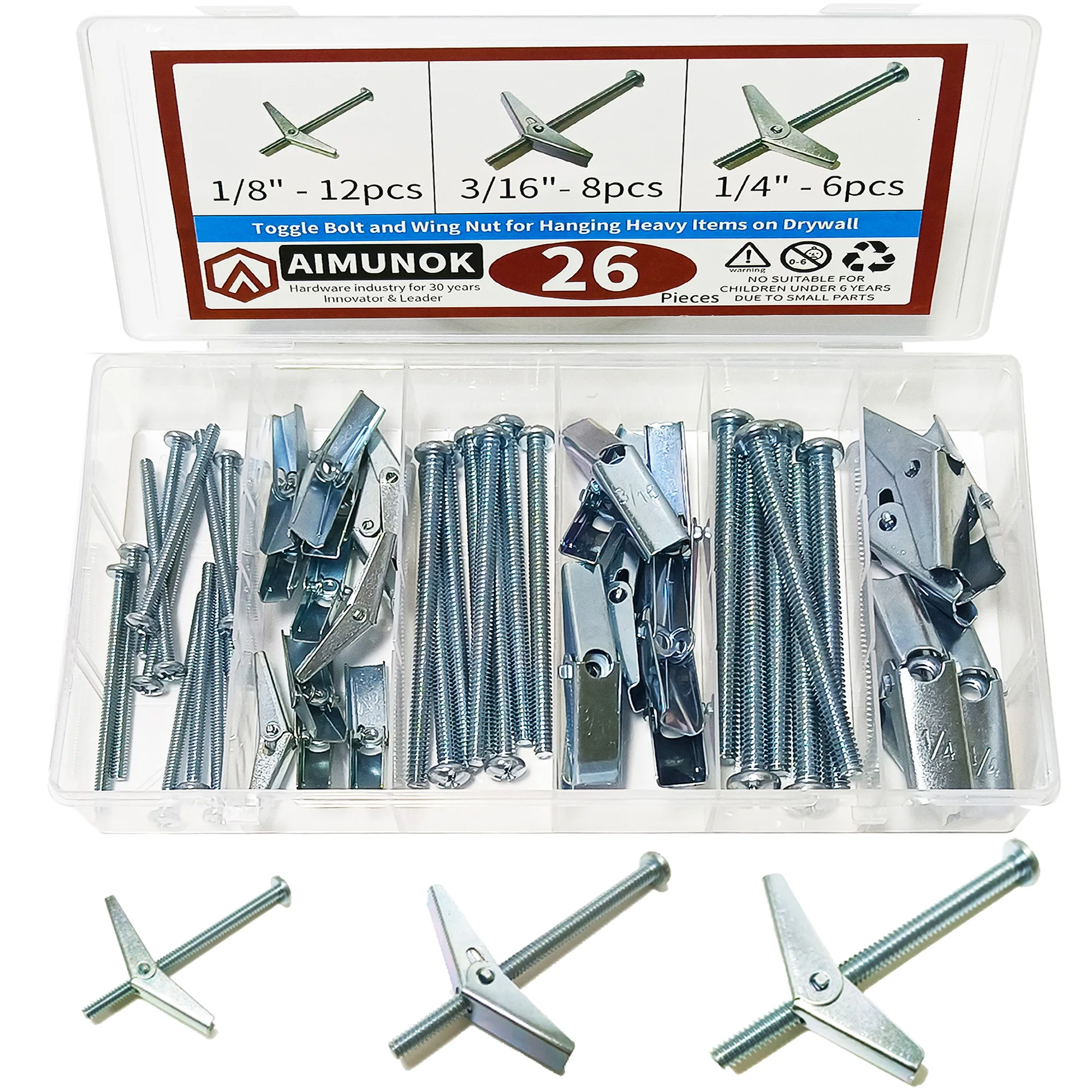 AIMUNOK Assorted 26 Pcs Toggle Bolt and Wing Nut Kit for Hanging Heavy Items on Drywall - 1/8 Inch, 3/16Inch, 1/4Inch