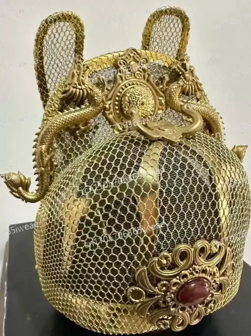 Customization Ming Dynasty Emperor Dragon Robe Gold Silk Wing Fan Crown Zhu Yuanzhang  Original Handmade Wanli Emperor Hat