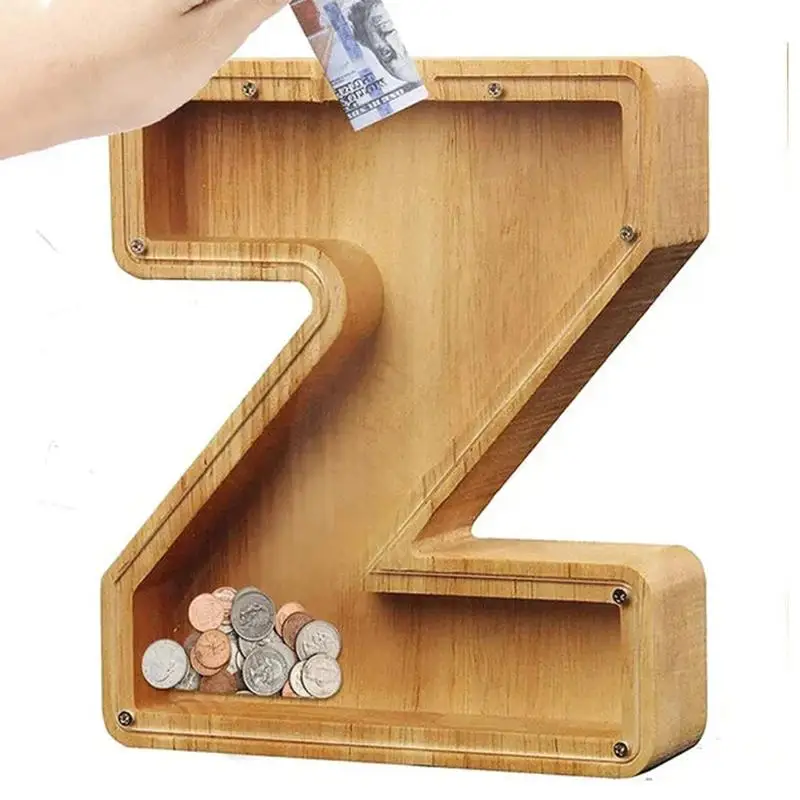 Clear Savings Jar Wooden Alphabet Money Bank DIY Clear Money Bank Transparent Saving Money Box Christmas Birthday Gift For