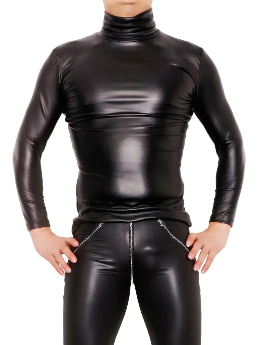 XS-4XL Turtleneck Faux PU Leather Long Sleeve T Shirts Tee Tights Elastic Brimer Bottoming Shirt Gym Fitness Tops Hot Streetwear