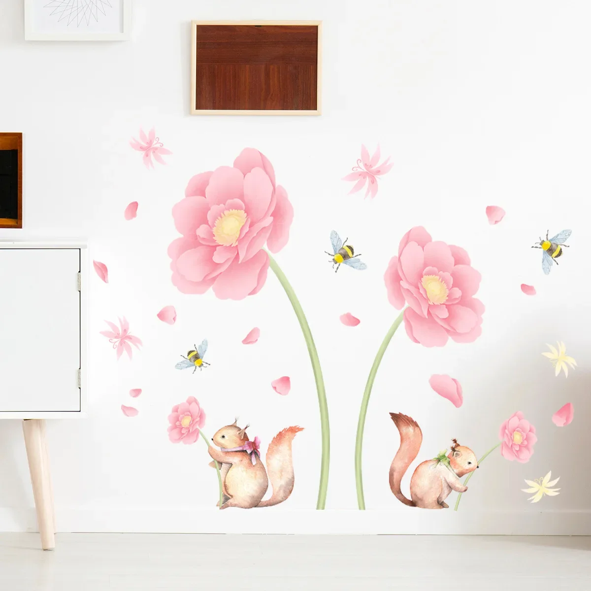 Pink Flower Bee Wall Decal Paper Living Room Wall Decal Self adhesive