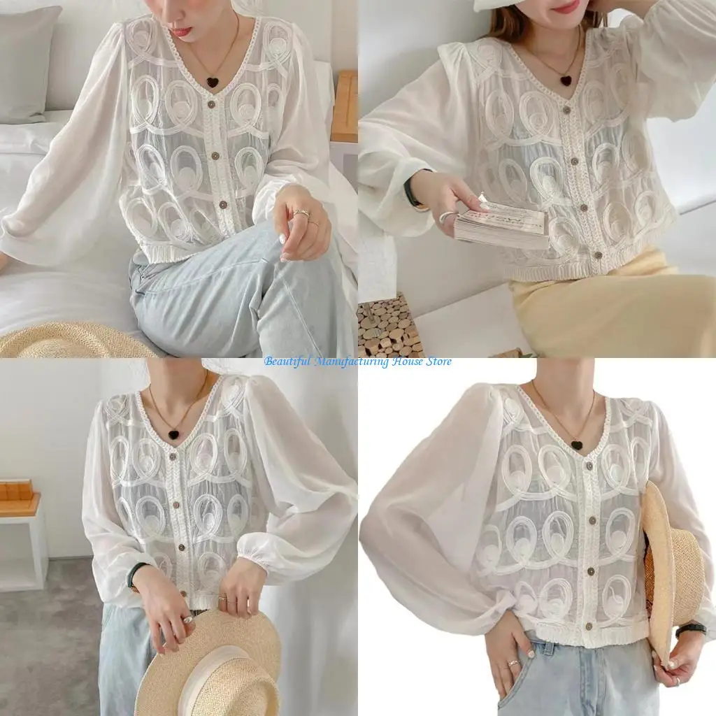 

E56A Women Puff Sleeve Cardigan Crochet Lace Patchwork V-Neck Button Crop Top