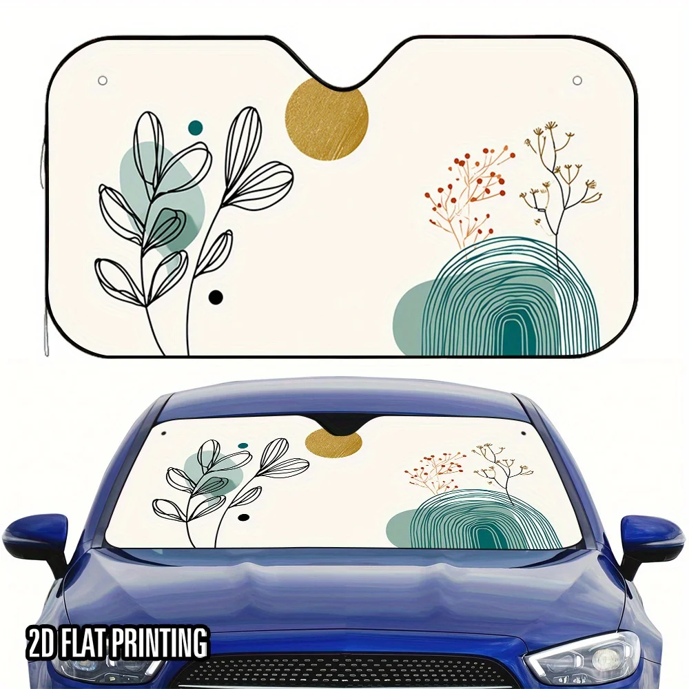 1pc 2D Flat Simplified Plant Arc Diagram Car Sunshade With Fashionable Print – Keeps Your Car Cool, Includes 4 Free Suction Cups