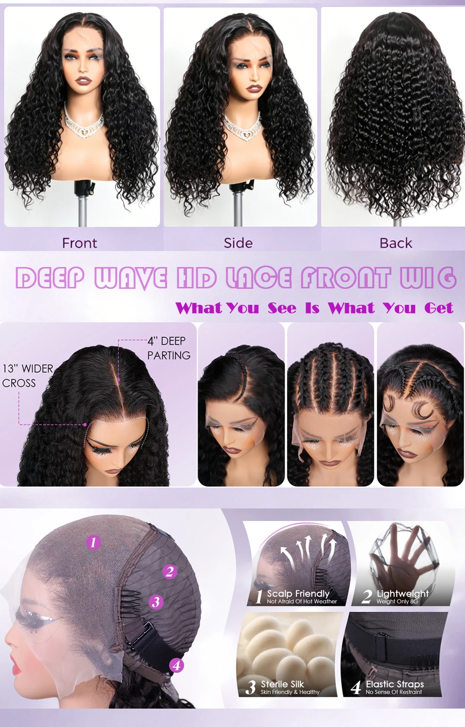 Karyssa Deep Wave 13x4 4x4 HD Lace Frontal Perücke mit natürlichem Haaransatz, vorgezupft, lockiges Echthaar, 220 % Dichte, für Frauen – Detail 7