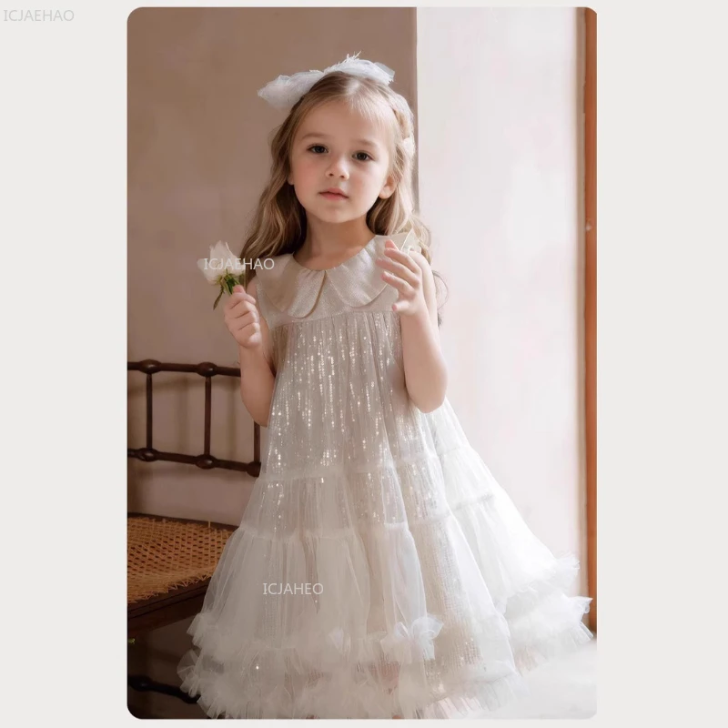 New Children Girls Party Dress Peter Pan Collar Sleeveless Tulle Performance Banquet Pageant Formal Princess Gown for Host Piano