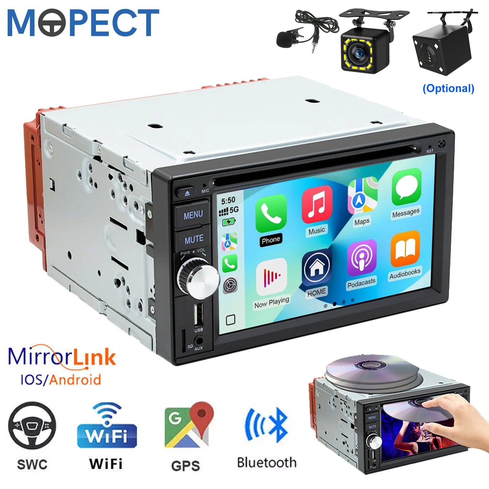 MOPECT 6,2-Zoll Doppel-DIN DVD/CD Autoradio mit Android Auto, Touchscreen, FM/AM/RDS, Bluetooth, SD, USB, SWC, Mikrofon und Kamera