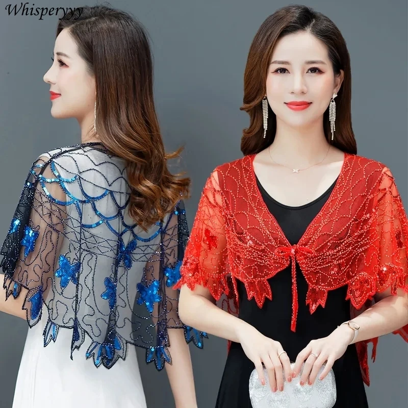 Vintage Women Shawl Beaded Sequin Bolero Flapper Evening Red Cape Fashion Mesh Poncho Spring Summer Smock Abrigo Mujer