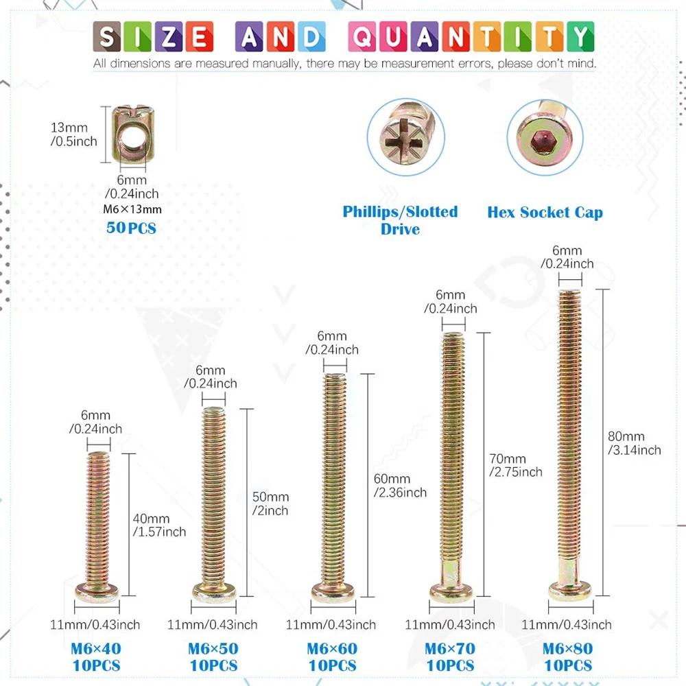 50 set Zinc Plated M6 x 40/50/60/70/80mm Hex Socket Head Cap Screws Bolts Furniture Crib Bolts with Barrel Nuts Assortment Kit