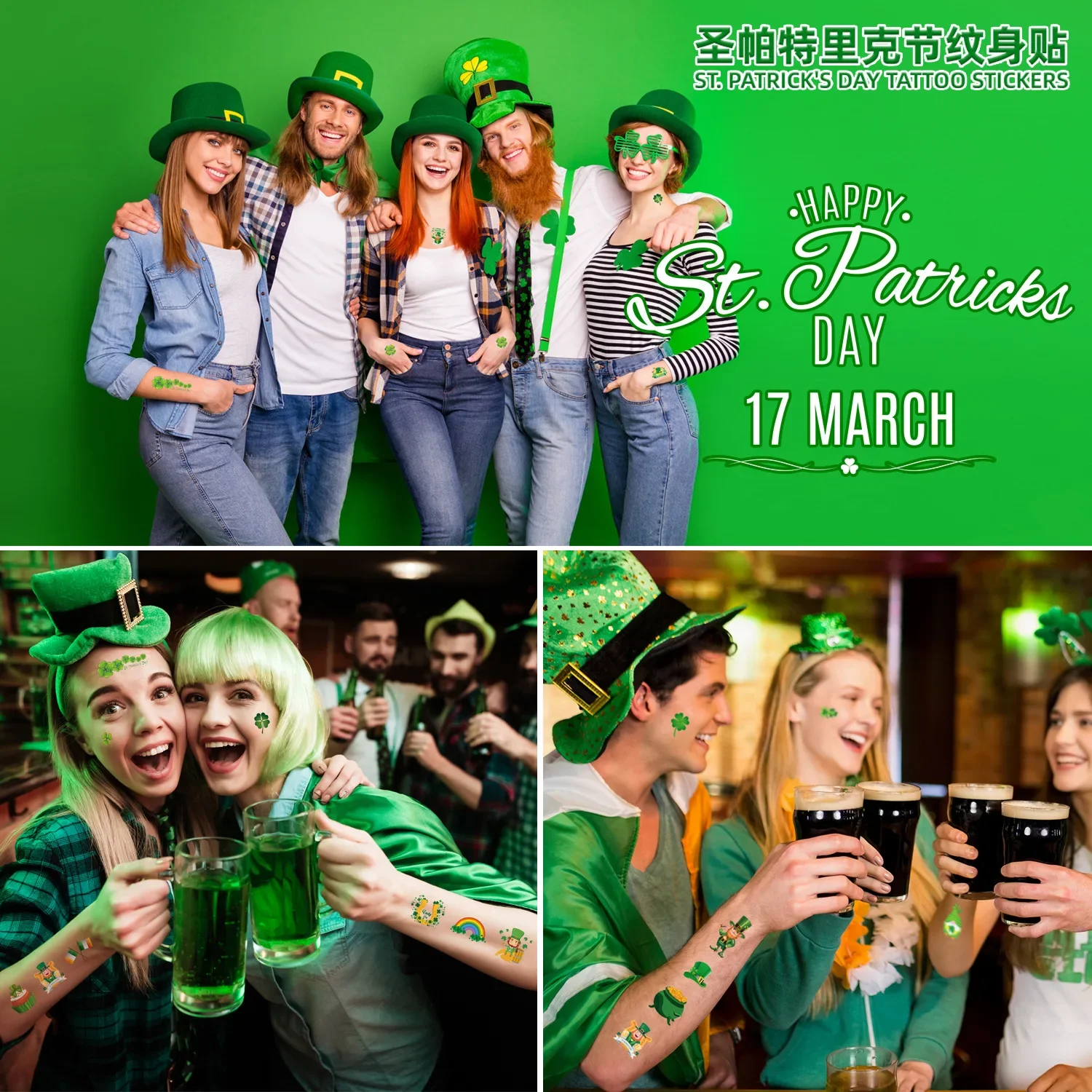 10 Sheets St Patrick’s Day Theme Party Tattoo Shamrock Coin Waterproof Face Body Stickers for Irish Saint Party Decoration
