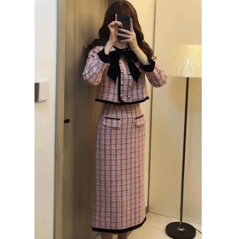 French Bow Lattice Set Skirt Spring Autumn Fashion Elegant Small Fragrance Pink Top Half Skirt 2 Piece Set Loose Long Skirt Tops