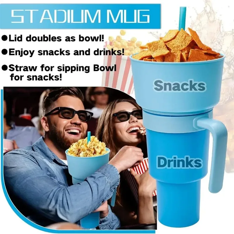 New 2 IN 1 Creative Popcorn Snack Cup Integrated Beverage Cup with Handle Portable Beverage Cup Novel Design and Many Functions