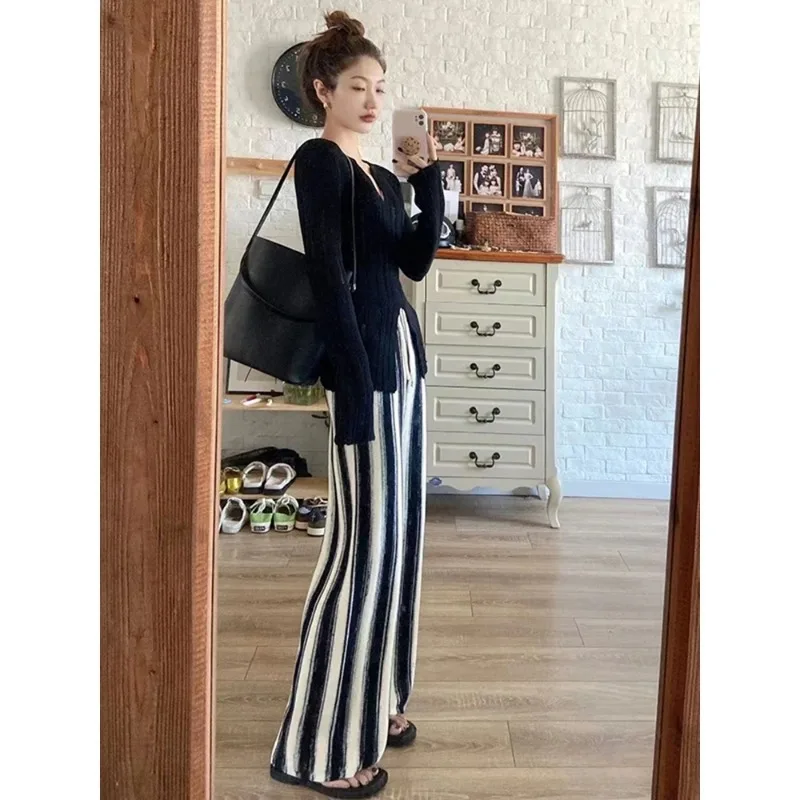 Minimalist High Waist Draped Vertical Striped Loose Wide Leg Casual Floor Length Trousers S-4XL