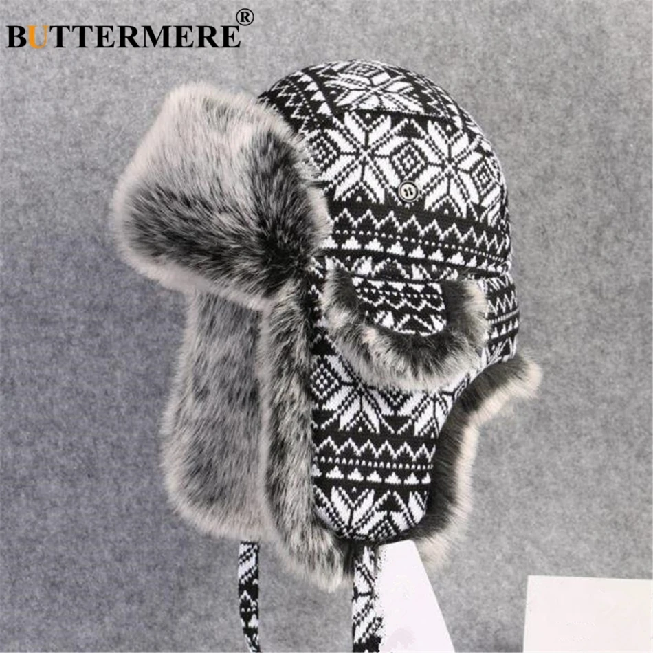 BUTTERMERE Russian Fur Hat Ushanka Black White Bomber Hats Male Female Ear Flaps Winter Thick Warm Knitting Outdoor Trapper Hat