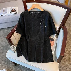 150Kg Plus Size Women's Bust 154 Summer Loose Lace Sweet Silk Shirt O-Neck Short Sleeved Top Black 5XL 6XL 7XL 8XL 9XL