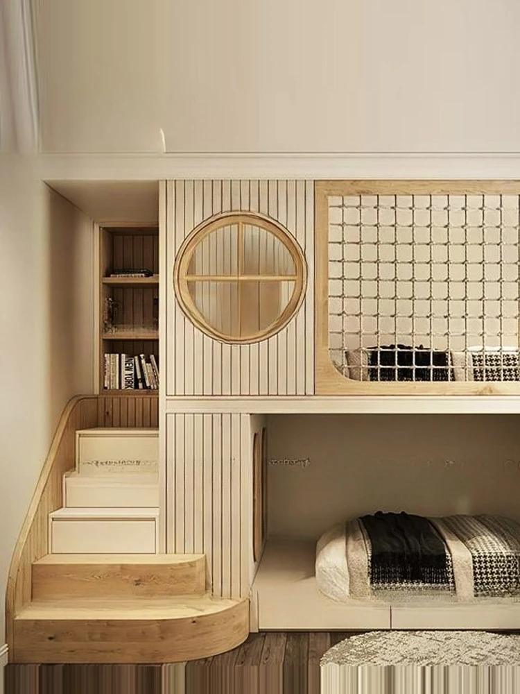 سرير أطفال فاخر وخفيف الوزن مصنوع من الخشب الصلب عالي ومنخفض سرير بطابقين بطول 1.2 متر مع خزانة سلم