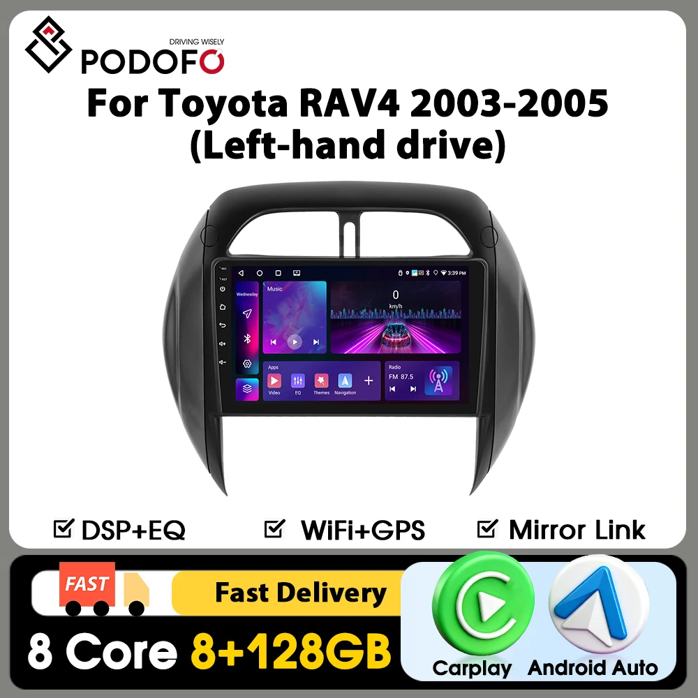 Podofo 9-Zoll-Carplay-Autoradio für Toyota RAV4 2003-2005, intelligentes Autoradio mit Android Auto, GPS-Navigation, KI-Sprachsteuerung, WLAN, 29G, FM, RDS, Mirrorlink, Split-Screen