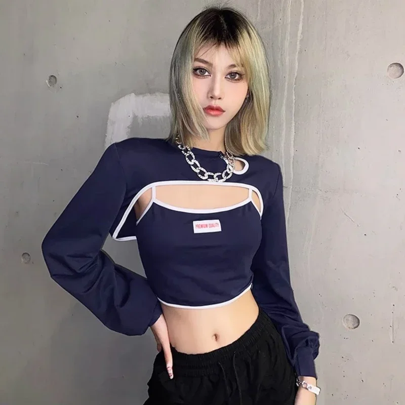 T-shirts Women Streetwear Spicy Girls Personality Fake Two Piece European Style Fashion Camisole Popular College Summer Hipster